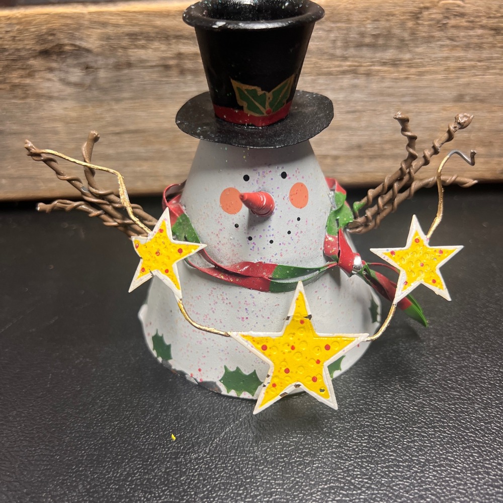 Rustic Metal Snowman Taper Candle Holder Primitive Holiday Decor Star Garland